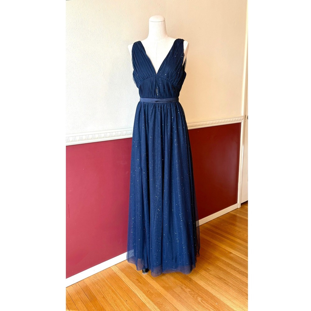 FEHAUTE Navy Blue‎ Glitter Tulle Maxi Dress V-Neck Pleated Formal Gown Women's 6